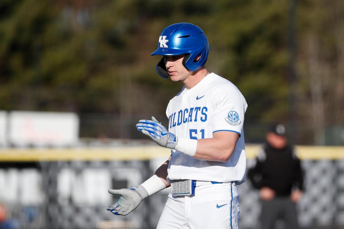Kentucky outfielder Jackson Gray celebrates after smacking a single during Tuesday’s game.