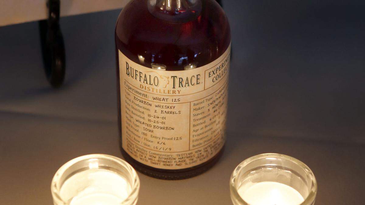 One of the current experimental bourbon available for tasting during the grand opening of Warehouse X, an experimental barrel warehouse, at the Buffalo Trace Distillery in Frankfort, Ky., Friday, November, 22, 2013. Comprised of brick, concrete block, and skylights, Warehouse X is the first new building Buffalo Trace has added in more than 60 years. The whiskeys that will be aging inside Warehouse X will be bottled under the Experimental Collection line. It will be a minimum of eight years before any whiskey will be bottled from Warehouse X. Photo by Charles Bertram | Staff