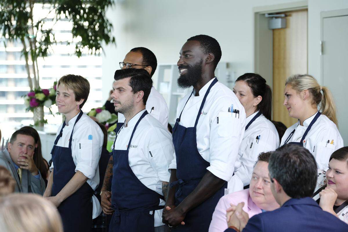 The final six on “Top Chef” Kentucky: Adrienne Wright, Justin Sutherland, Eddie Konrad, Eric Adjepong, Sara Bradley and Kelsey Barnard, at the Muhammad Ali Center in Louisville.