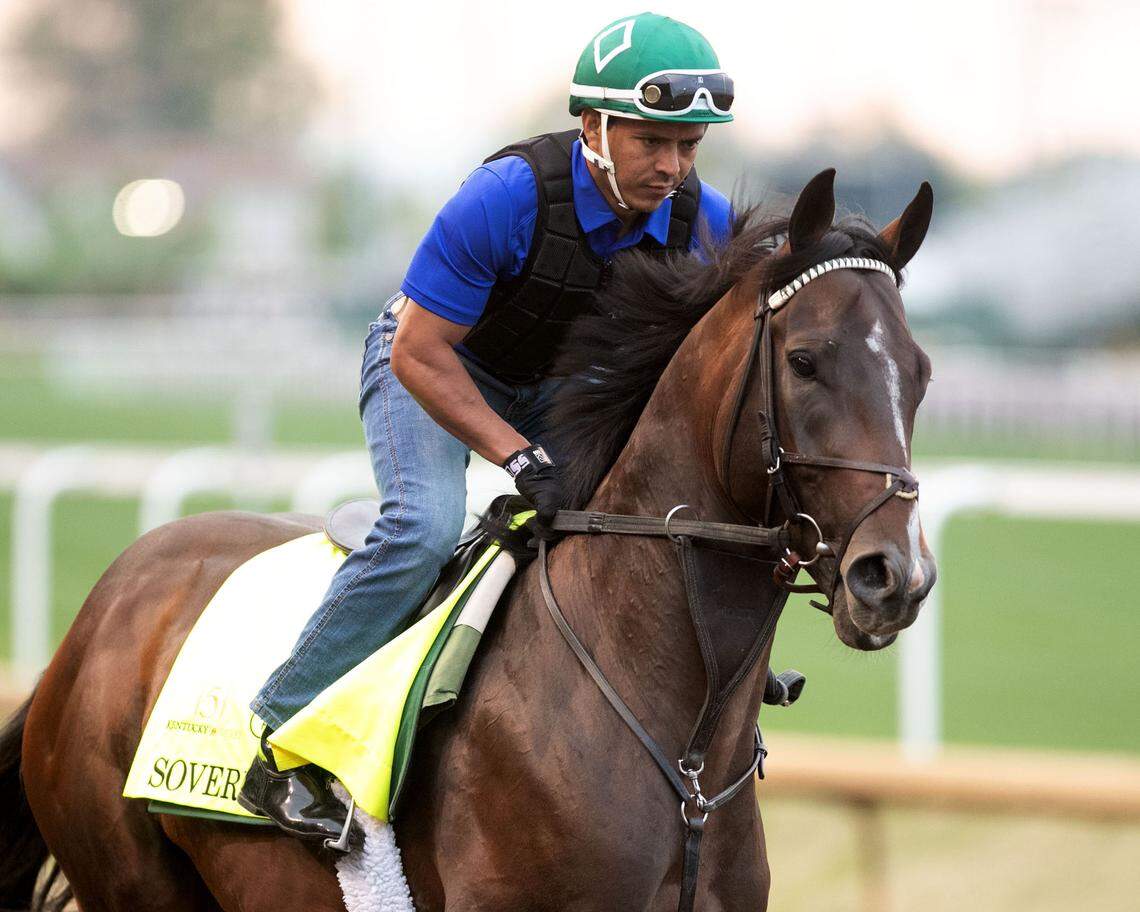 Kentucky Derby contender Sovereignty gallops at Churchill Downs on April 25.