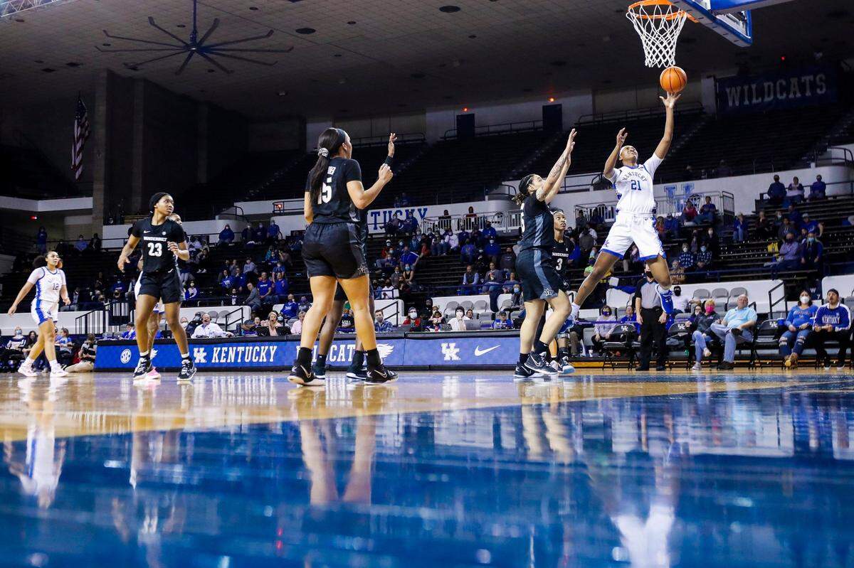 Kentucky’s Nyah Leveretter (21) drives to the basket during a game last season. UK’s women’s basketball team played 17 regular-season games in Memorial Coliseum in 2021-22.
