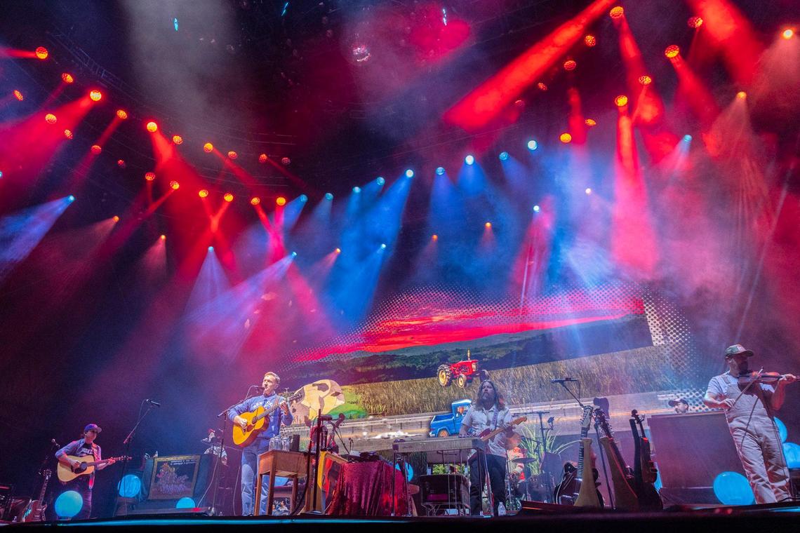 Tyler Childers, second from left, performs at Kroger Field in Lexington, Ky., during his “On the Road” tour on Saturday, April 19, 2025.