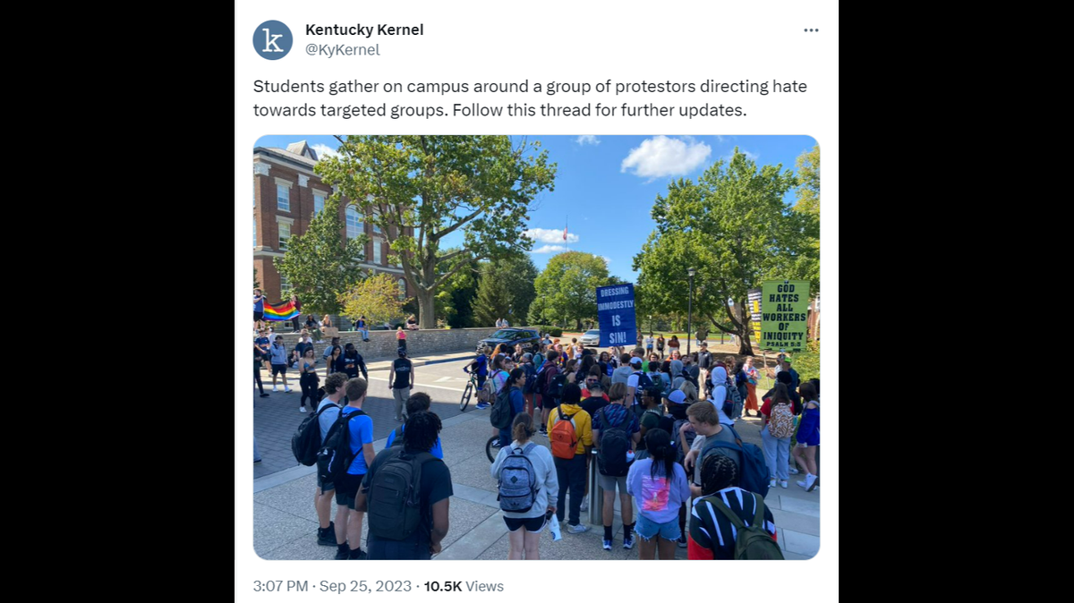 Screenshot of a tweet from the Kentucky Kernel, the University of Kentucky’s student newspaper, documenting protests on campus on Monday, September 25, 2022.