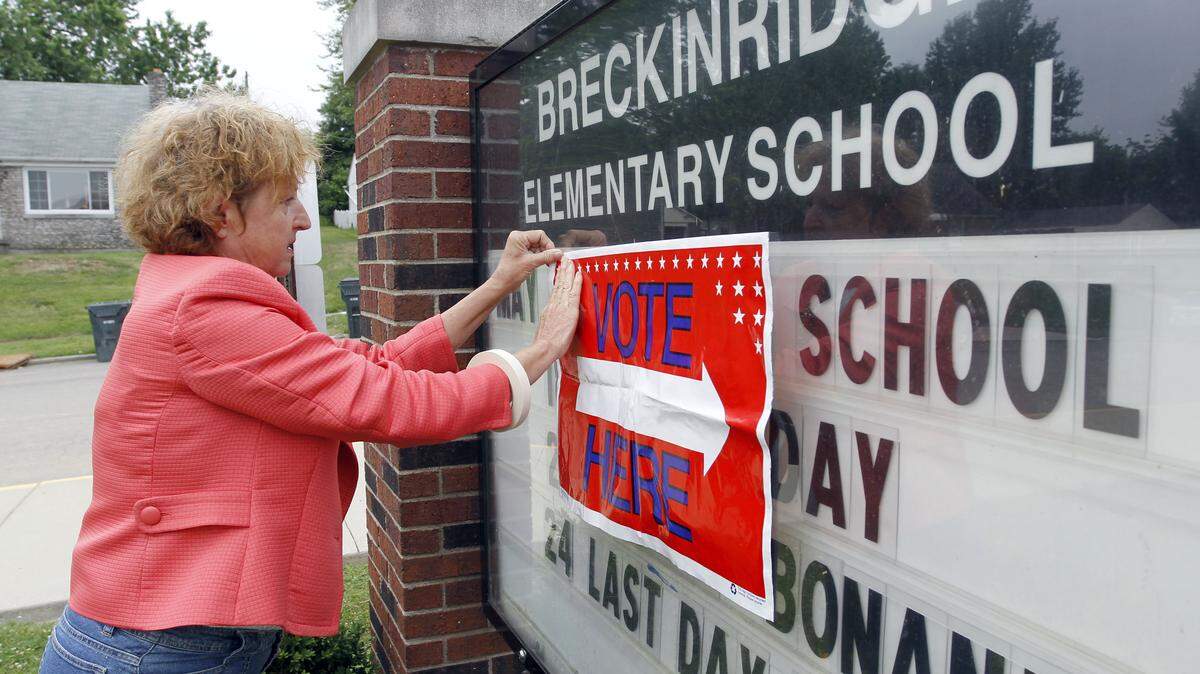 In this file photo from a past election, a sign was taped to direct voters at Breckinridge Elementary School in Lexington.
