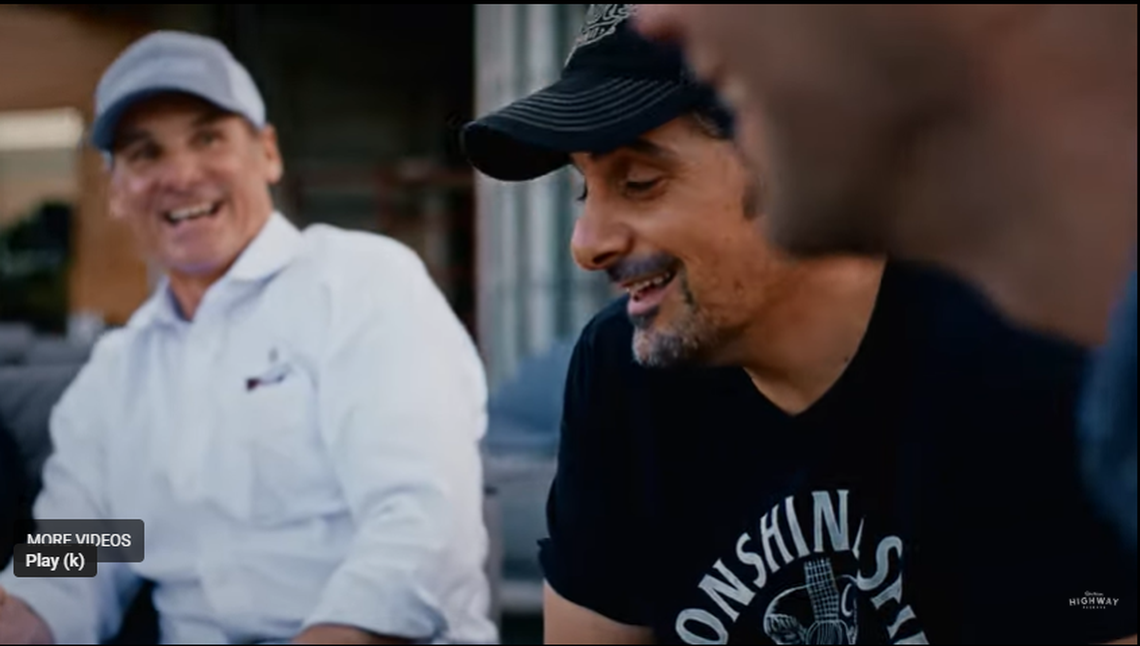 Bardstown Bourbon CEO and president Mark Erwin with country music star Brad Paisley in a photo shoot for Paisley’s American Highway bourbon at Bardstown Bourbon Co. in 2021.