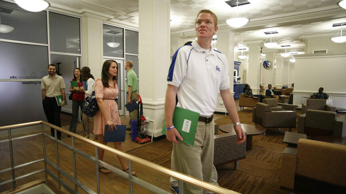 Tony Jackson, right, and others from the enrollment management office toured UK's new Wired arts and sciences residential college in Keeneland Hall.  