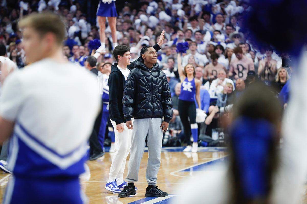 Kentucky signees Robert Dillingham and Reed Sheppard are introduced to the crowd during the Kentucky-Kansas game at Rupp Arena in January. Both players are part of UK’s incoming 2023 recruiting class.