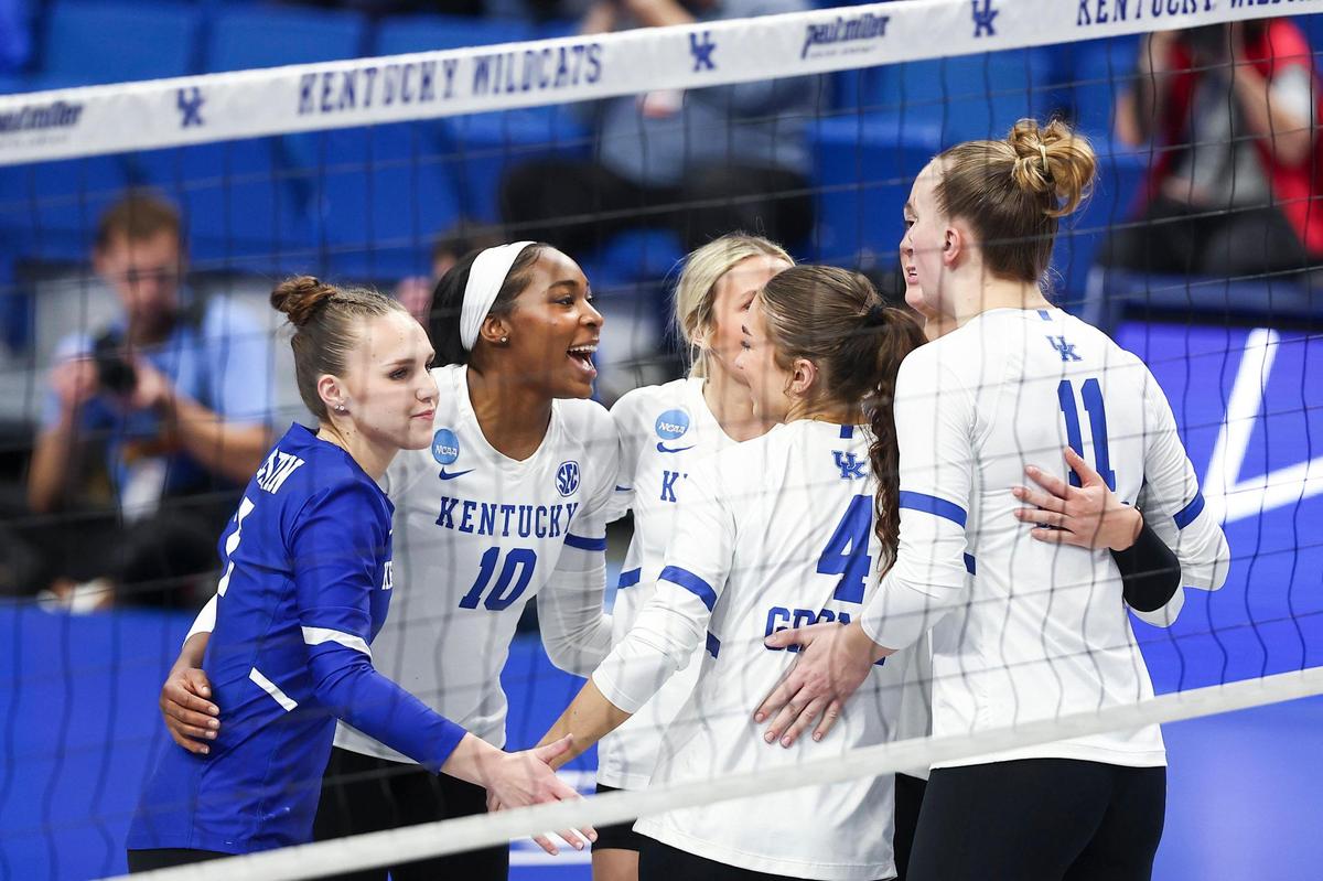 Kentucky senior outside hitter Reagan Rutherford (10) celebrates after scoring against Wofford during Kentucky’s NCAA Tournament first-round match Thursday. UK defeated both Wofford and Baylor this week to advance to the Sweet 16.