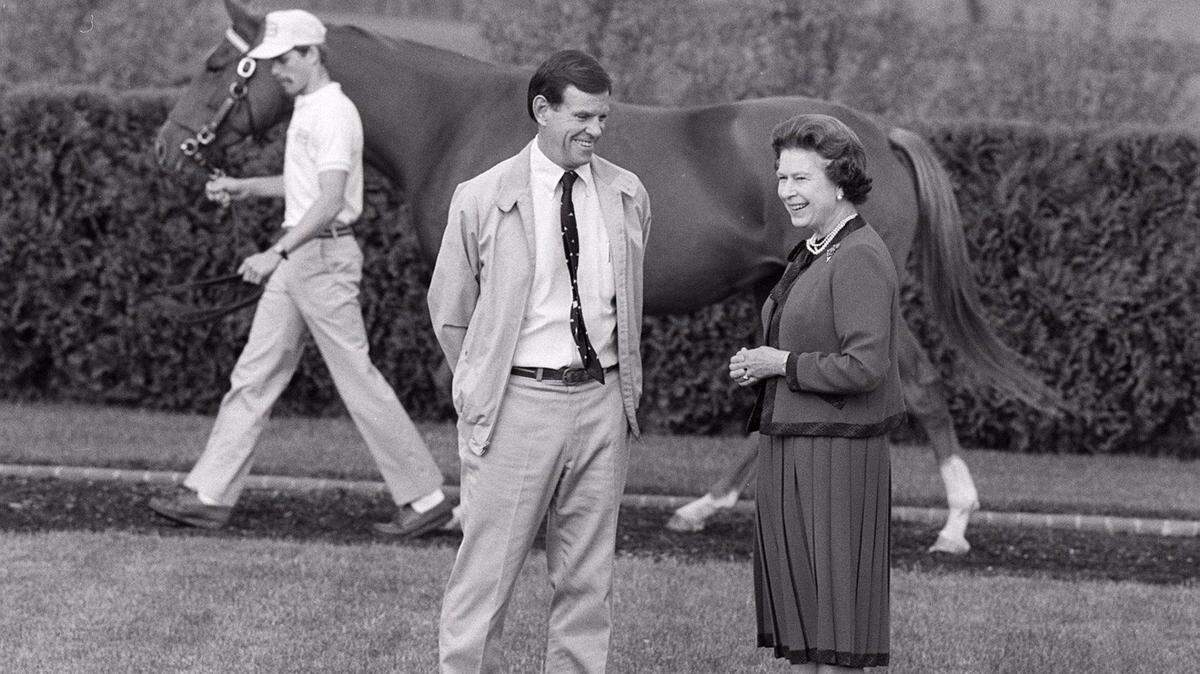 Queen Elizabeth II with William Farish III at her side inspected mares at Farish’s Lane’s End Farm in Woodford County October 9, 1984. The queen was on a six-day visit to the Bluegrass and toured several area horse farms and presented a silver, Georgian trophy to the winner of a new Keeneland race named in her honor -- the Queen Elizabeth II Challenge Cup.
