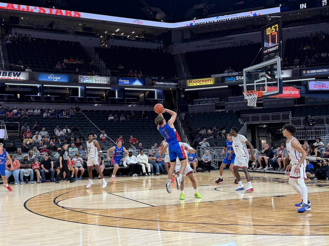 Kentucky Mr. Basketball Travis Perry takes a jump shot during Saturday night’s Kentucky vs. Indiana all-stars game at Gainbridge Fieldhouse in Indianapolis. Indiana held home court with a 92-89 win.