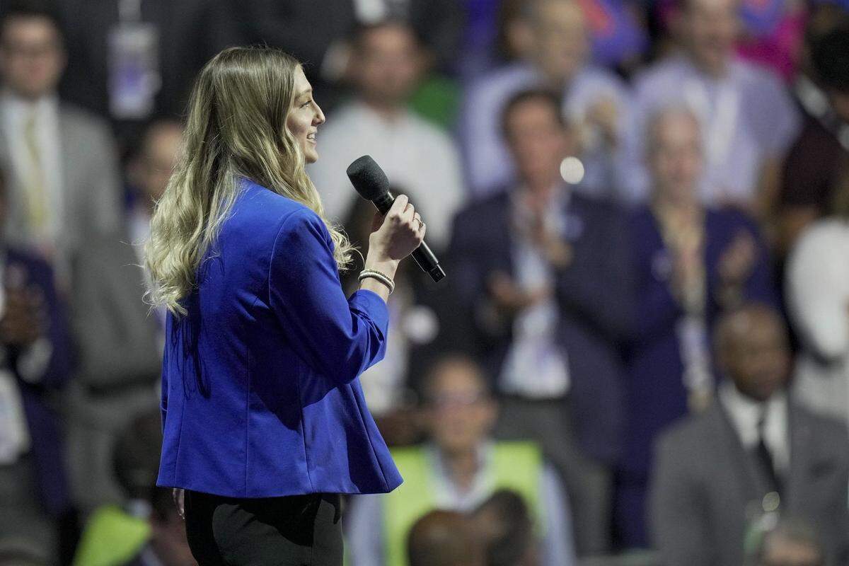 Aug 19, 2024; Chicago, IL, USA; Hadley Duvall of Kentucky speaks during the first day of the Democratic National Convention at the United Center. The DNC program will feature President Joe Biden and Former Secretary of State Hillary Clinton during Monday's ceremonies. Mandatory Credit: Mark Hoffman-USA TODAY