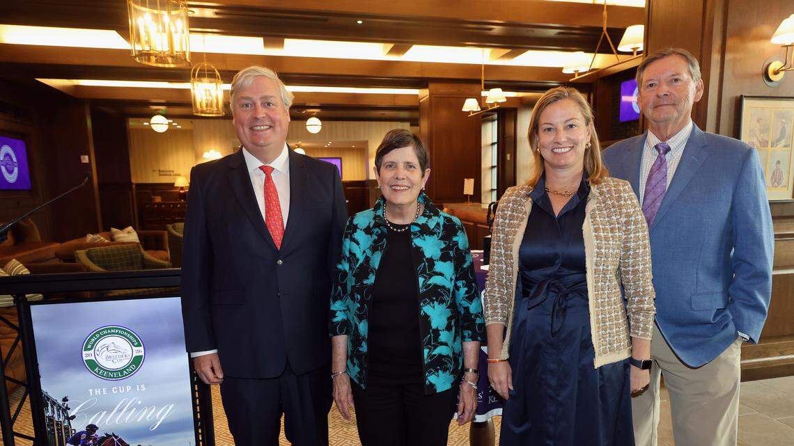 Breeders’ Cup Limited President and CEO Drew Fleming, Lexington Mayor Linda Gorton, Keeneland President and CEO Shannon Arvin and Chair of the Breeders’ Cup Festival Kip Cornett pose for a photo following a Breeders’ Cup kick-off event on April 14, 2026, at the 1936 Room at Keeneland Race Course in Lexington, Kentucky.