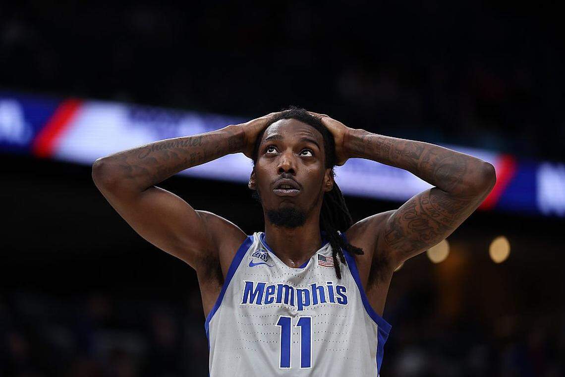 MEMPHIS, TENNESSEE - DECEMBER 17: Aaron Bradshaw #11 of the Memphis Tigers reacts during the second half against the Vanderbilt Commodores at FedExForum on December 17, 2025 in Memphis, Tennessee. (Photo by Justin Ford/Getty Images)