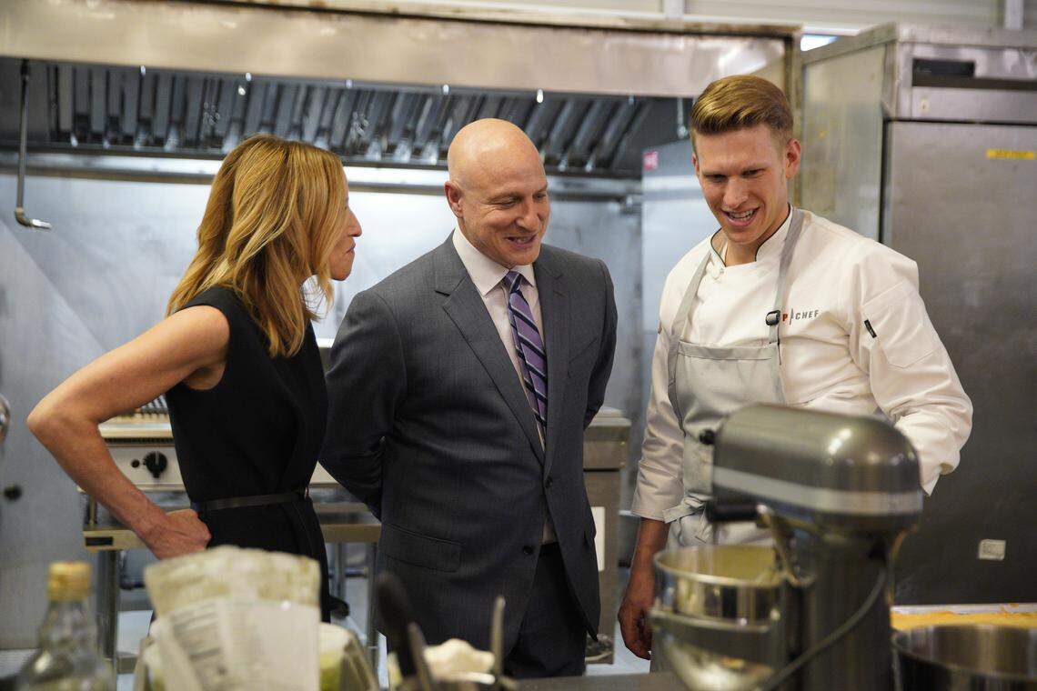 Chef Brandon Rosen, with guest judge Caroline Styne and head judge Tom Colicchio in the kitchen at Restaurant Wars, said he doesn’t want to be known as “the cocky one.” Really?