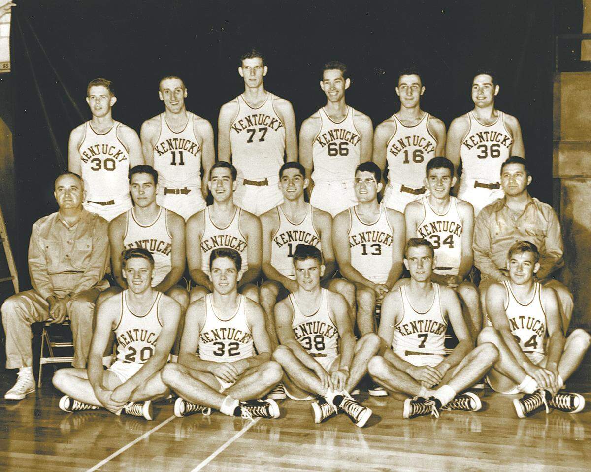 Kentucky’s 1950-51 NCAA championship team: From left to right, top row: Frank Ramsey, Shelby Linville, Bill Spivey, Roger Layne, Lou Tsioropoulos, Read Morgan. Middle row: Head coach Adolph Rupp, Cliff Hagan, C.M. Newton, Walt Hirsch, Paul Lansaw, Dwight Price, assistant coach Harry Lancaster. Bottom row: Lindle Castle, Lucian Whitaker, Bobby Watson, Guy Strong, Ches Riddle.