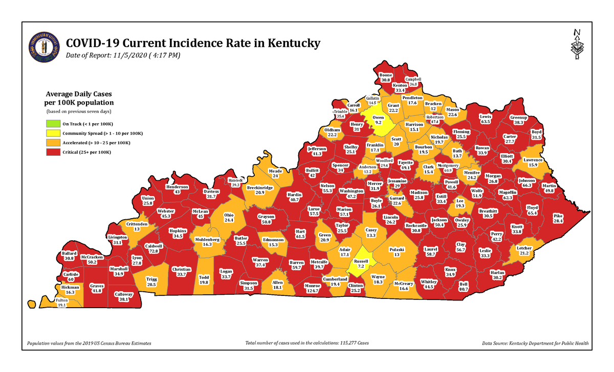COVID-19 was spreading at a critical level in 80 of Kentucky’s 120 counties on Thursday, Nov. 5, 2020.