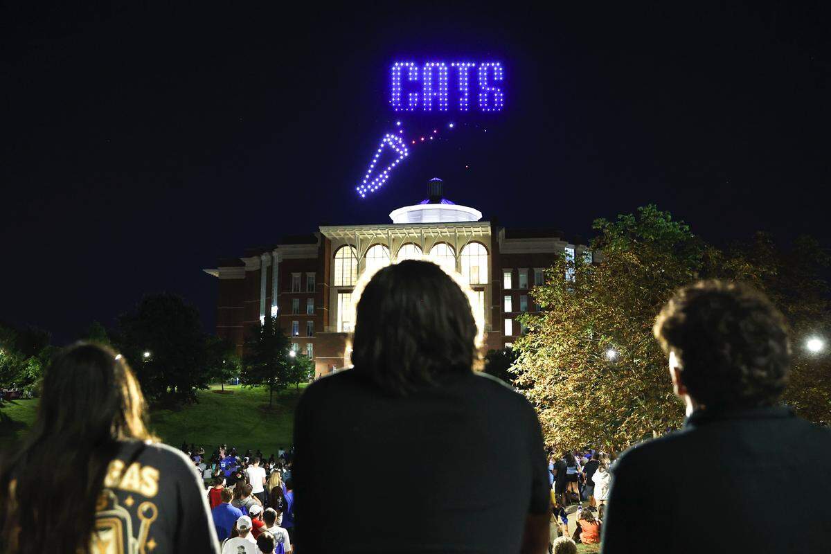Incoming freshmen enjoy a drone show at Campus Ruckus during the University of Kentucky’s K Week on August 21, 2025.