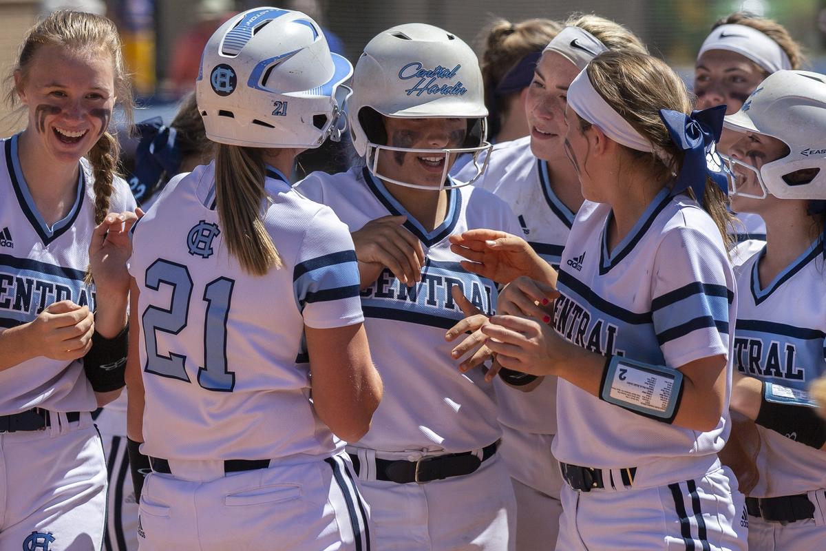 Central Hardin’s Emily Bryant was congratulated by teammates after hitting a home run during the sixth inning Friday.