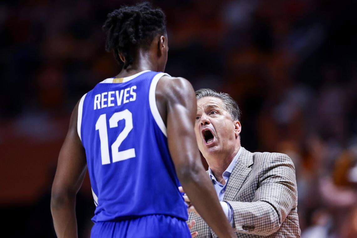 Kentucky head coach John Calipari talks with guard Antonio Reeves (12) during Saturday’s game against Tennessee.