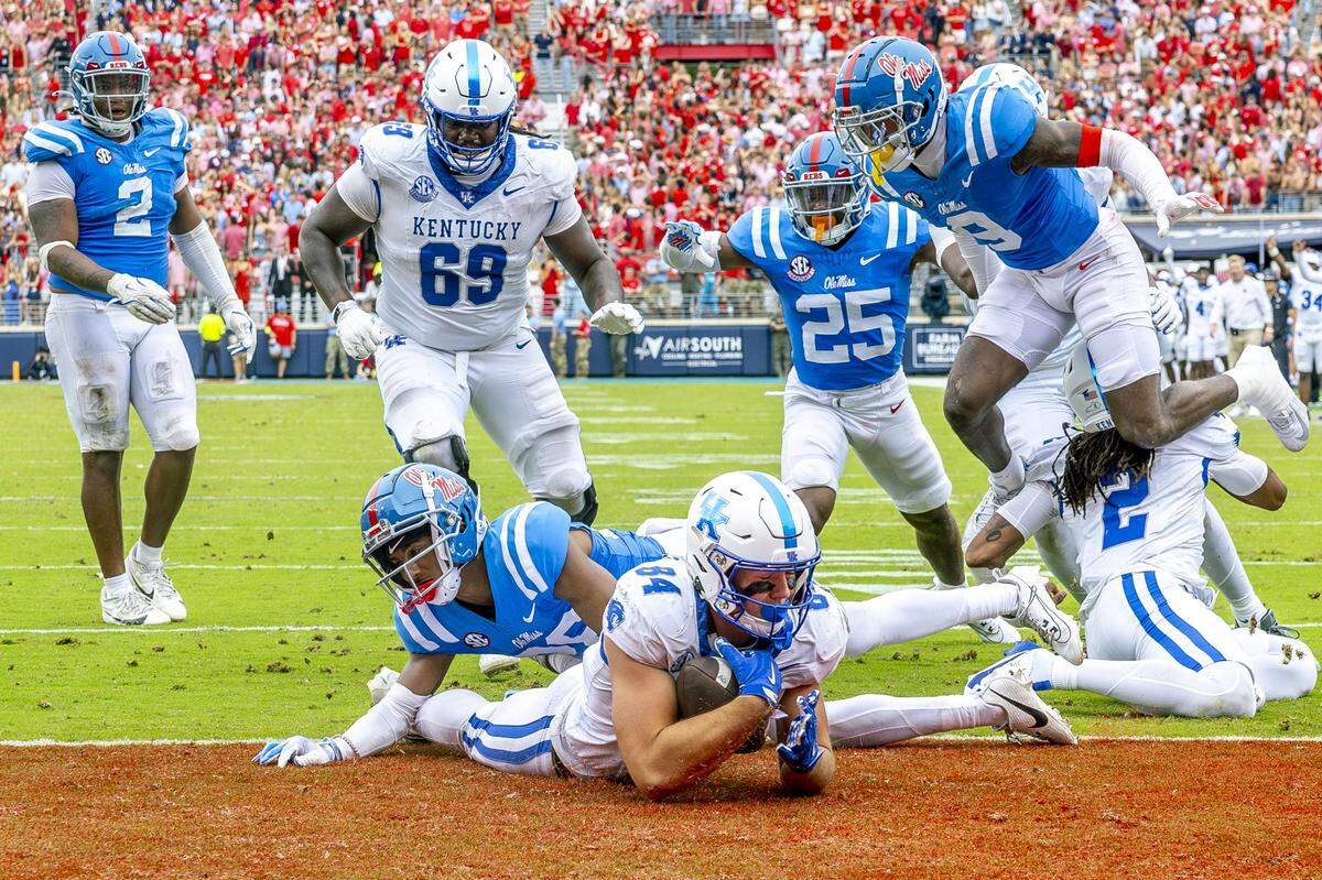 Kentucky tight end Josh Kattus (84) scored the game-winning touchdown when he recovered a fumble and fell into the end zone with 2:25 left in the game in UK’s 20-17 upset of No. 6 Mississippi last season in Oxford.