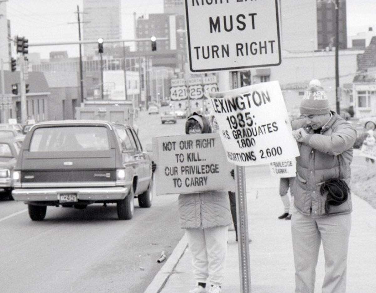 Anti-abortion protestors at Main and Midland in Lexington on Jan. 22, 1986, on the 13th anniversary of Roe vs. Wade. President Ronald Reagan wanted to overturn Roe vs. Wade.