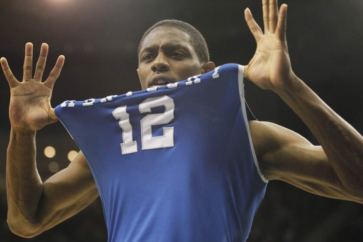 Kentucky’s Brandon Knight (12) reacted after making the game-winning shot against Ohio State in the 2011 NCAA Tournament.