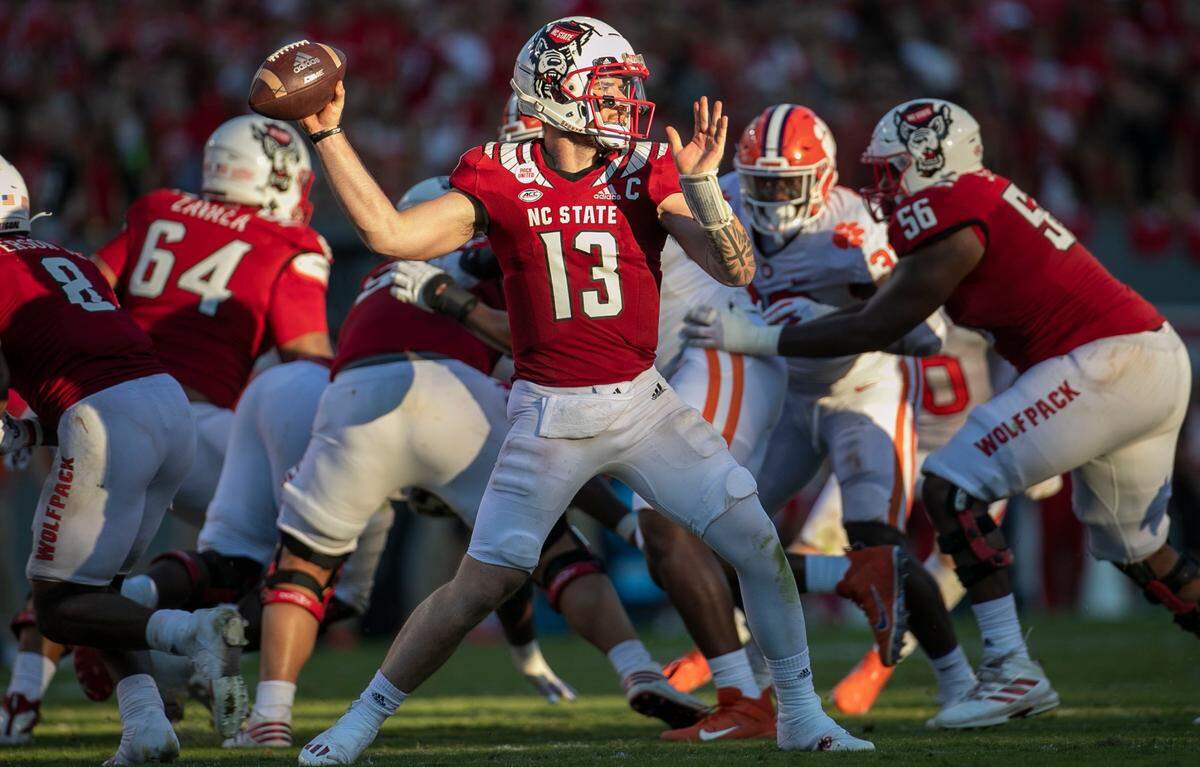 In 2021, Devin Leary completed 65.7% of his passes for 3,433 yards with five interceptions. His 35 touchdown passes broke N.C. State’s single-season record.