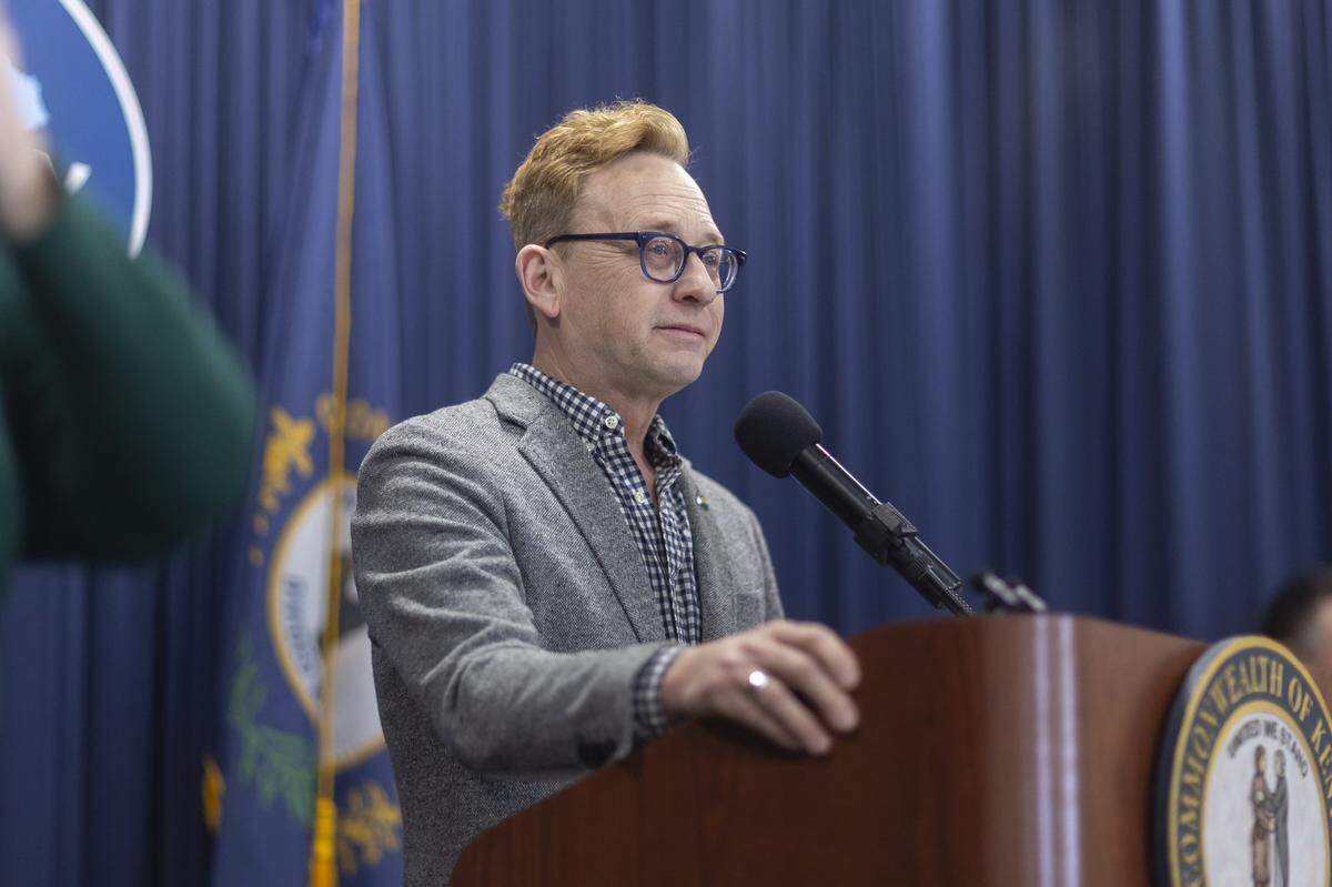 Author and former Kentucky Poet Laureate Silas House speaks during the Fairness Rally at the Kentucky state Capitol Education Center in Frankfort, Ky., on Wednesday, Feb. 25, 2026.