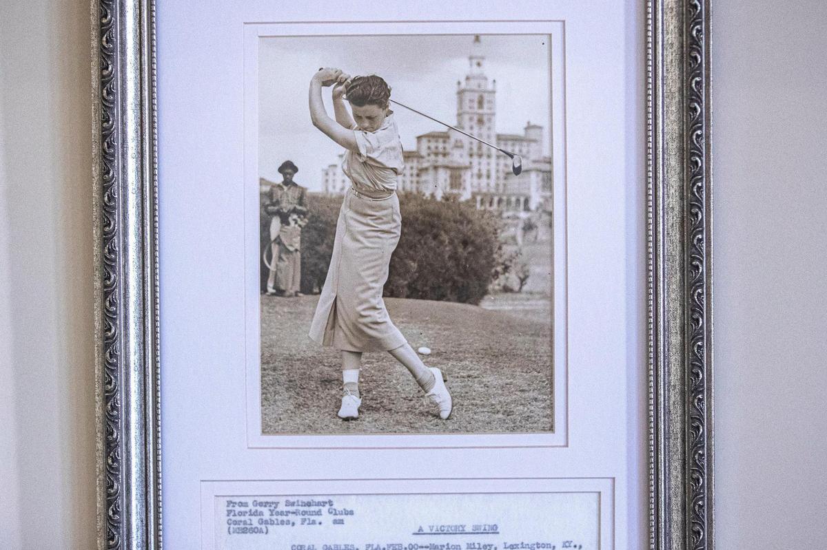 A photograph of Marion Miley on display at the Lexington Country Club in 2020. The golf star was murdered at the country club in 1941.