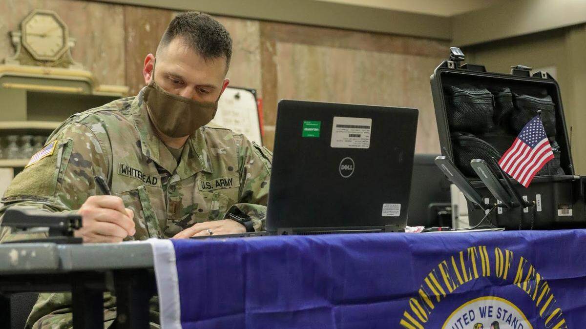 U.S. Army 2nd Lt. Samuel Whitehead, of the 301st Chemical Company, and a Rowan County teacher, works as a platoon leader near the U.S. Capitol in Washington, D.C., April 11, 2021.