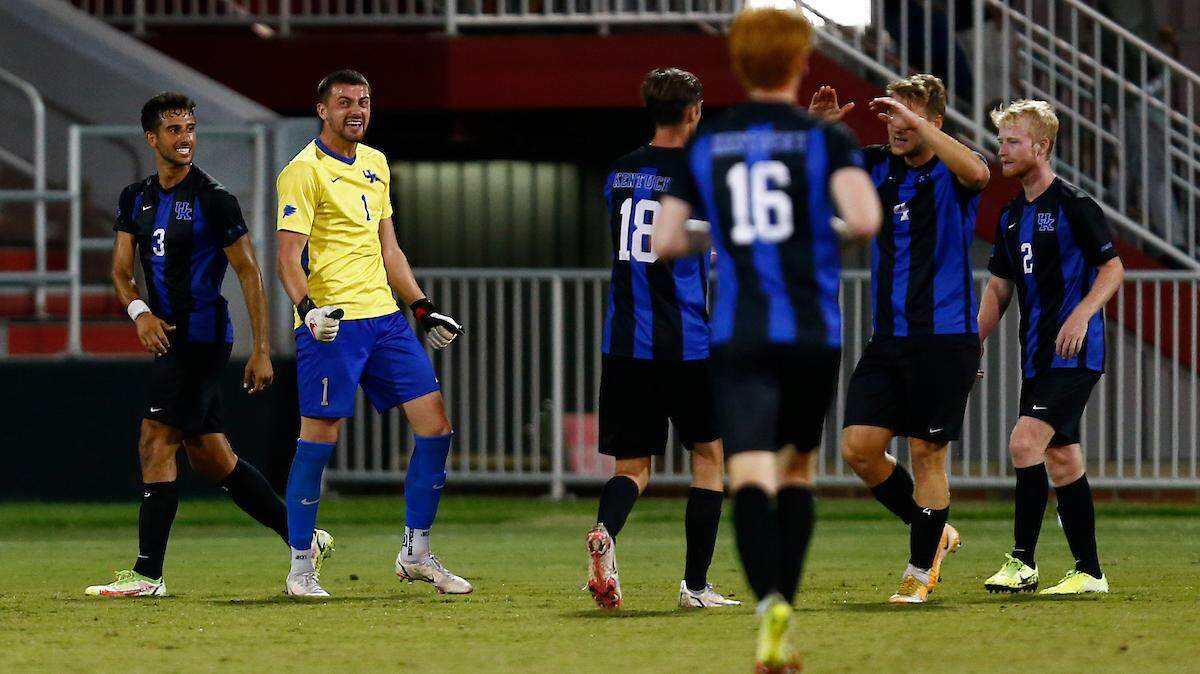 Kentucky goalkeeper Jan Hoffelner (1) and the Wildcats defense — shown here earlier this season — produced their seventh shutout in 11 matches this season at Old Dominion on Friday night.