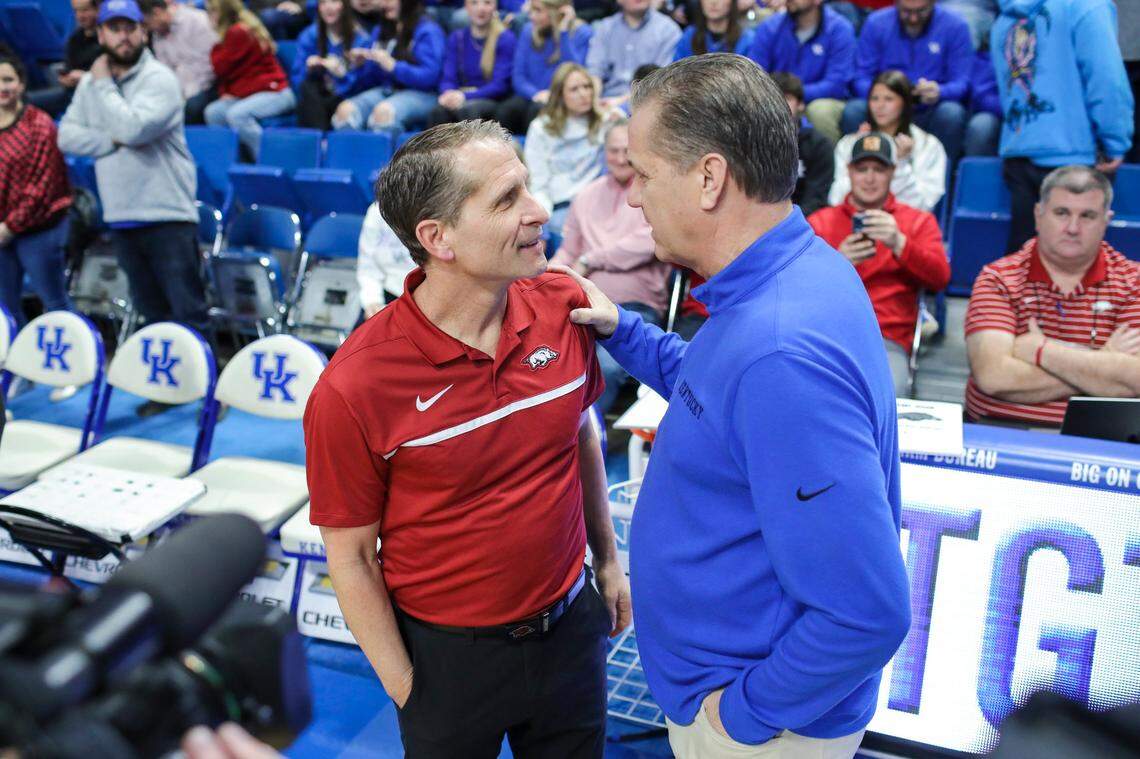 Arkansas coach Eric Musselman, left, is 3-2 vs. Kentucky and coach John Calipari, right, going into Saturday’s meeting between the Razorbacks and the No. 6 Wildcats at Bud Walton Arena in Fayetteville, Ark.