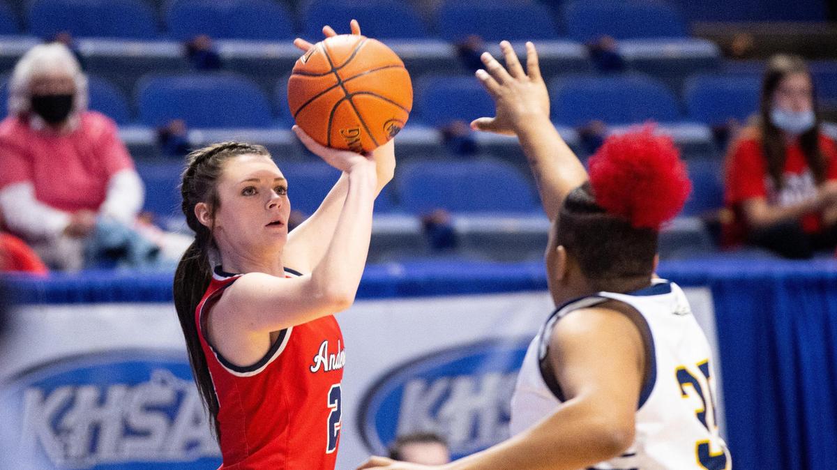 Anderson County senior Tiffani Riley (24) shoots the ball during the Anderson County vs. Franklin County Mingua Beef Jerky/KHSAA GirlÕs Sweet 16 high school basketball game on Friday, April 9, 2021, at Rupp Arena in Lexington, Kentucky. Anderson County won 53-35.