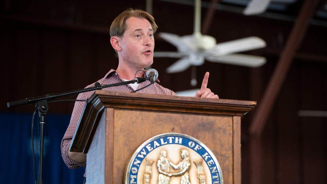 Secretary of State Michael Adams speaks during the 142nd annual St. Jerome’s Fancy Farm Picnic in Fancy Farm, Ky., Saturday, August 6, 2022.