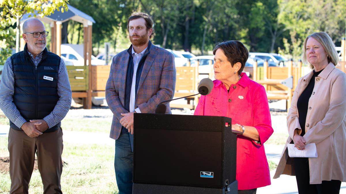 Mayor Linda Gorton stands with 12th District Councilmember Hil Boone, 10th District Councilmember David Sevigny, and Monica Conrad, Director of Parks & Recreation, at the ribbon-cutting ceremony officially opening Cardinal Run Park North on Oct. 9, 2025, in Lexington, Ky.