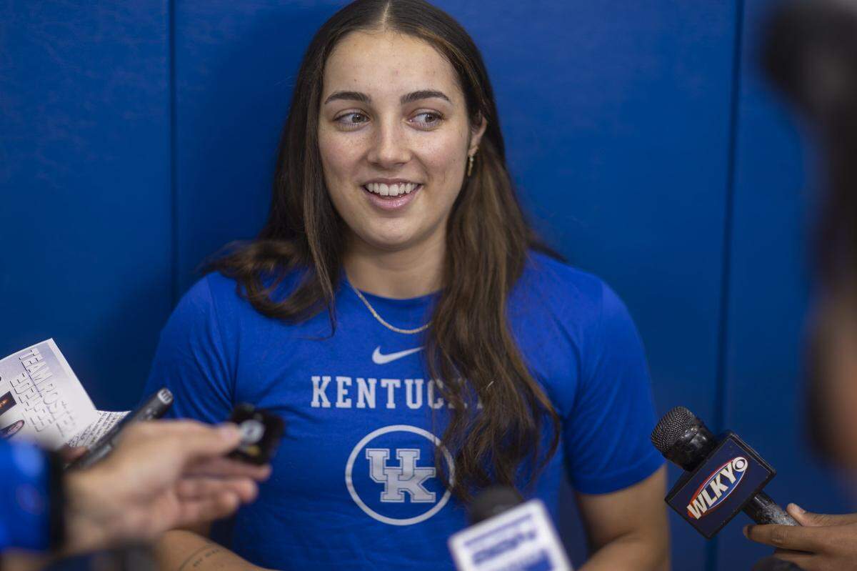 Kentucky women’s basketball player Georgia Amoore answers questions at the team’s media day on July 30.