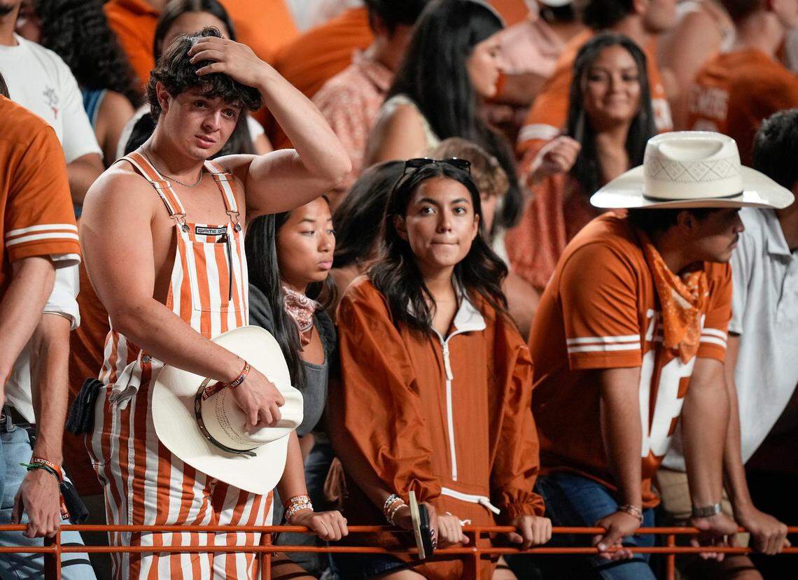 Texas fans react late in the fourth quarter of the loss to Georgia at Darrell K Royal-Texas Memorial Stadium on Saturday.