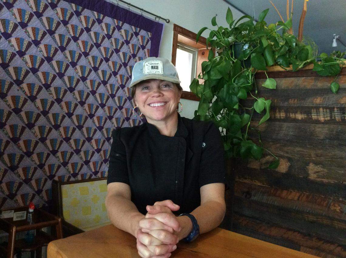 Owner/chef Robbie Morgan, in front of her grandmother’s quilt, at The Belt Line, her restaurant at 808 N. Limestone, Lexington, Ky.