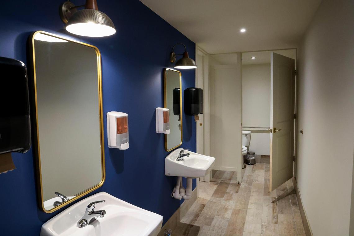 The renovated women’s restroom of The Ketch, Wednesday, June 25, 2025, at 2012 Regency Road in Lexington, Ky. The previous bathroom was known for its unique charm that included the stalls being connected.