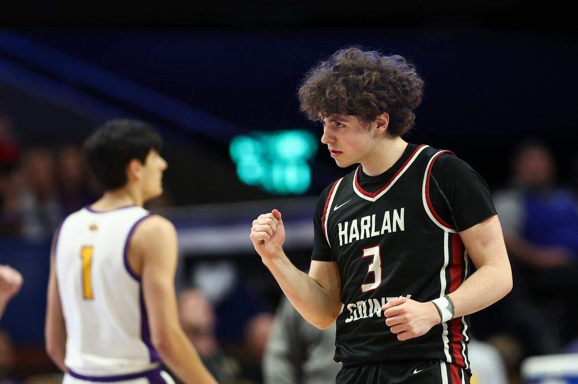 Harlan County Harlan County’s Maddox Huff (3) leaves the court celebrating scoring three points against Lyon County at halftime during the KHSAA Championship game at Rupp Arena in Lexington, Ky, Saturday, March 23, 2024.