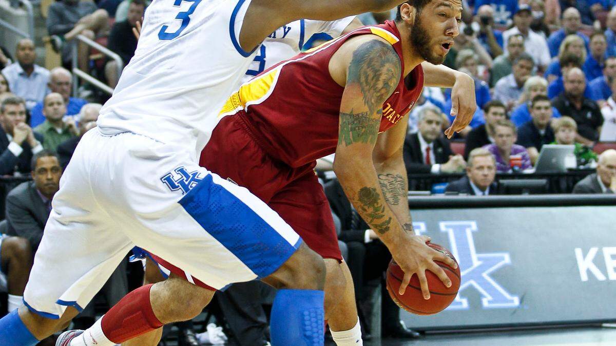 Kentucky Wildcats forward Terrence Jones (3) and Anthony Davis trapped Iowa State Cyclones forward Royce White (30) as #1 Kentucky played Iowa State on Saturday  March 17, 2012 in Louisville, Ky. Photo  by Mark Cornelison | Staff