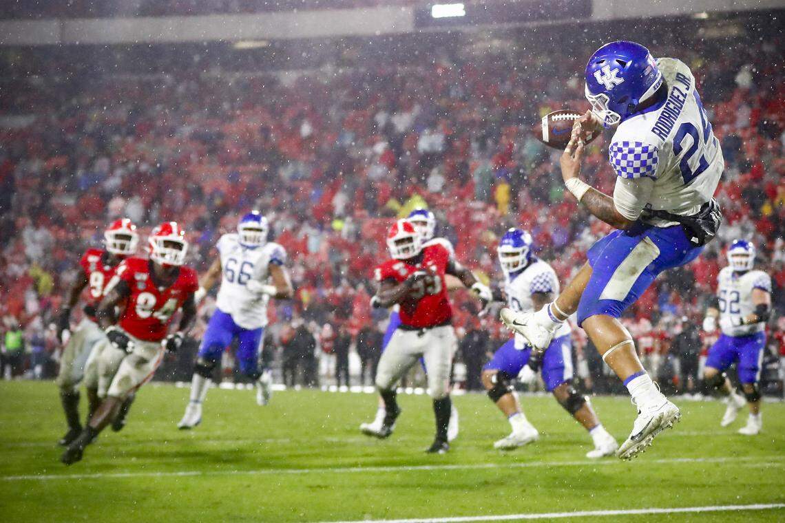 Kentucky Wildcats running back Christopher Rodriguez Jr. (24) misses a pass in the end zone during a game against the Georgia Bulldogs at Sanford Stadium in Athens, Ga., Saturday, Oct. 19, 2019.