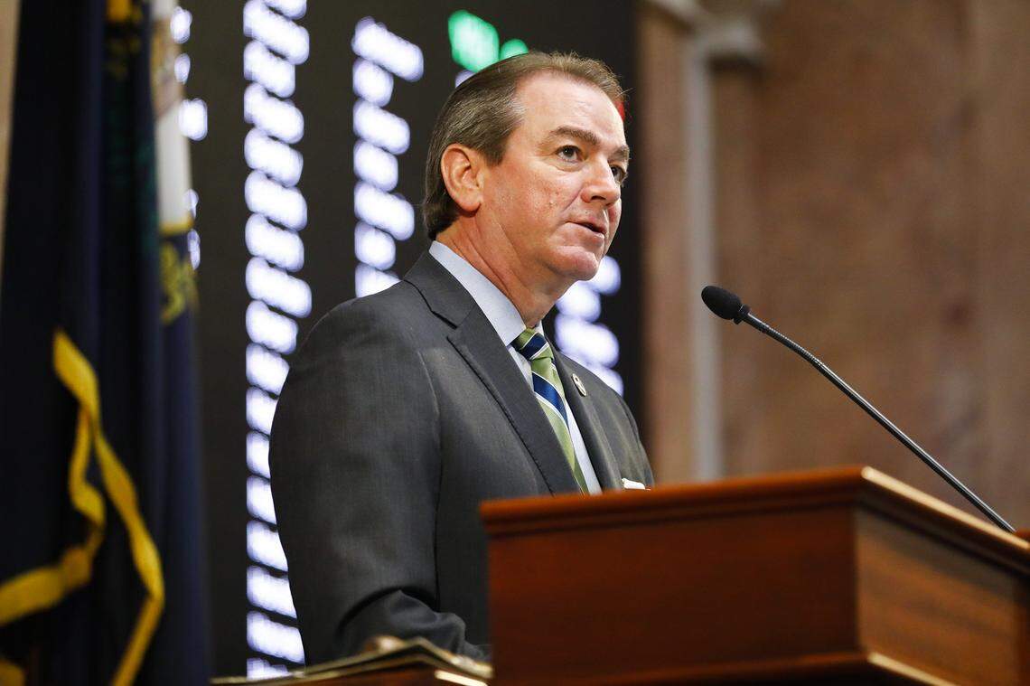 House Speaker Pro Tempore David Osborne, R-Prospect, oversees during the final day of Kentucky's 2018 General Assembly at the Capitol in Frankfort.
