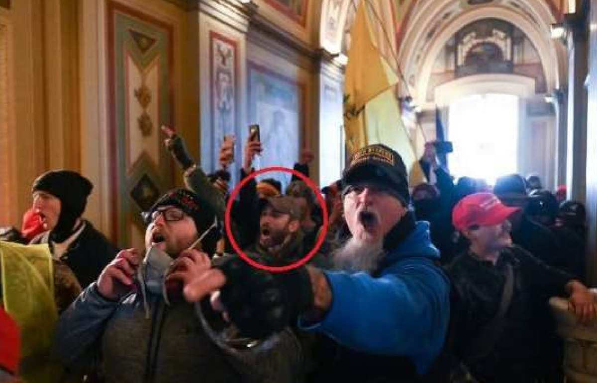 According to the FBI, this photo shows Joseph Irwin, a former Kentucky sheriff’s deputy, in the crowd at the U.S. Capitol building during the confrontation on Jan. 6, 2021.