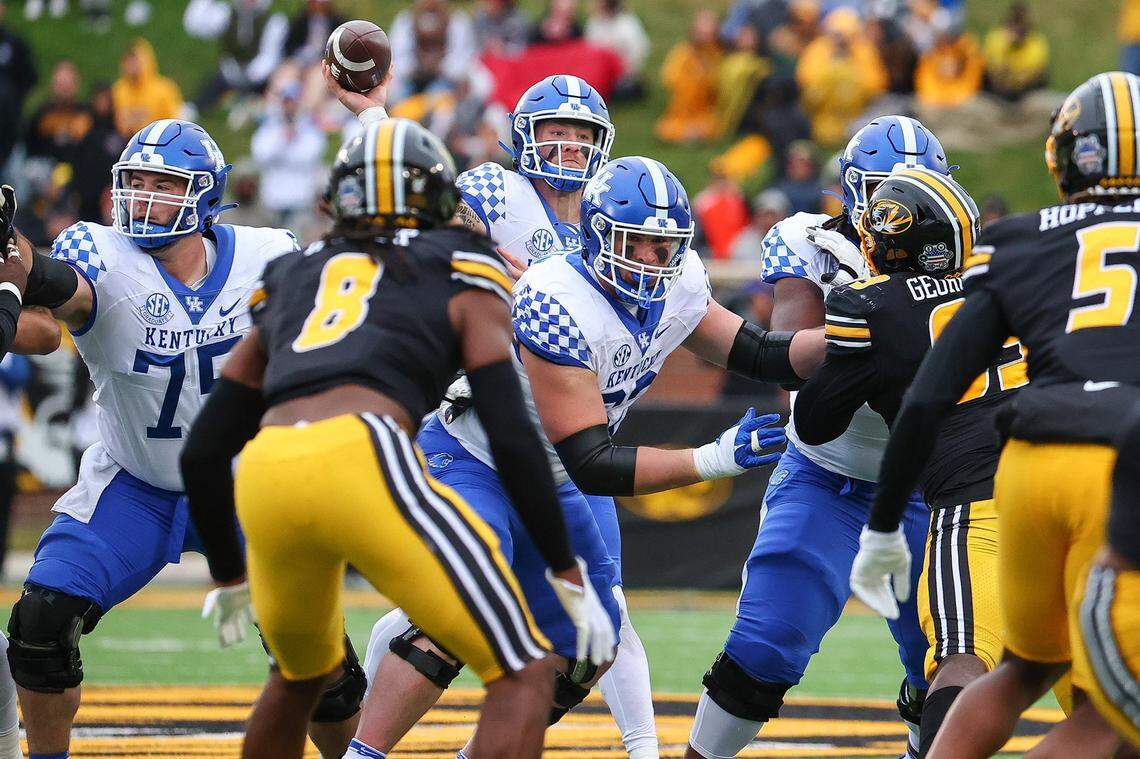 Kentucky’s Will Levis throws a pass against Missouri on Saturday, Nov. 5, 2022, in Columbia, Mo.