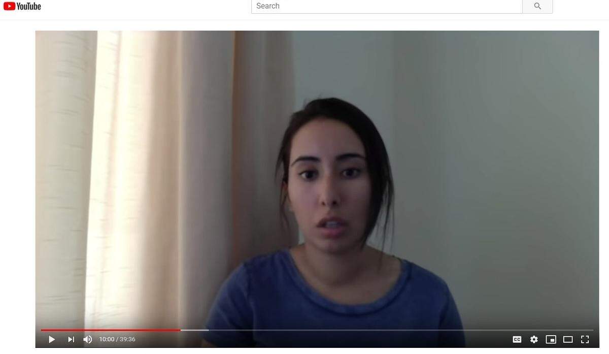 An image from a YouTube video Sheikha Latifa bint Mohammed al-Maktoum made, warning that she may be killed or drugged for trying to escape Dubai and her father, Kentucky-connected Sheikh Mohammed bin Rashid al-Maktoum.