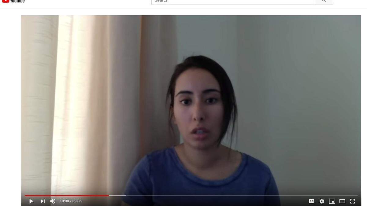 An image from a YouTube video Sheikha Latifa bint Mohammed al-Maktoum made, warning that she may be killed or drugged for trying to escape Dubai and her father, Kentucky-connected Sheikh Mohammed bin Rashid al-Maktoum.