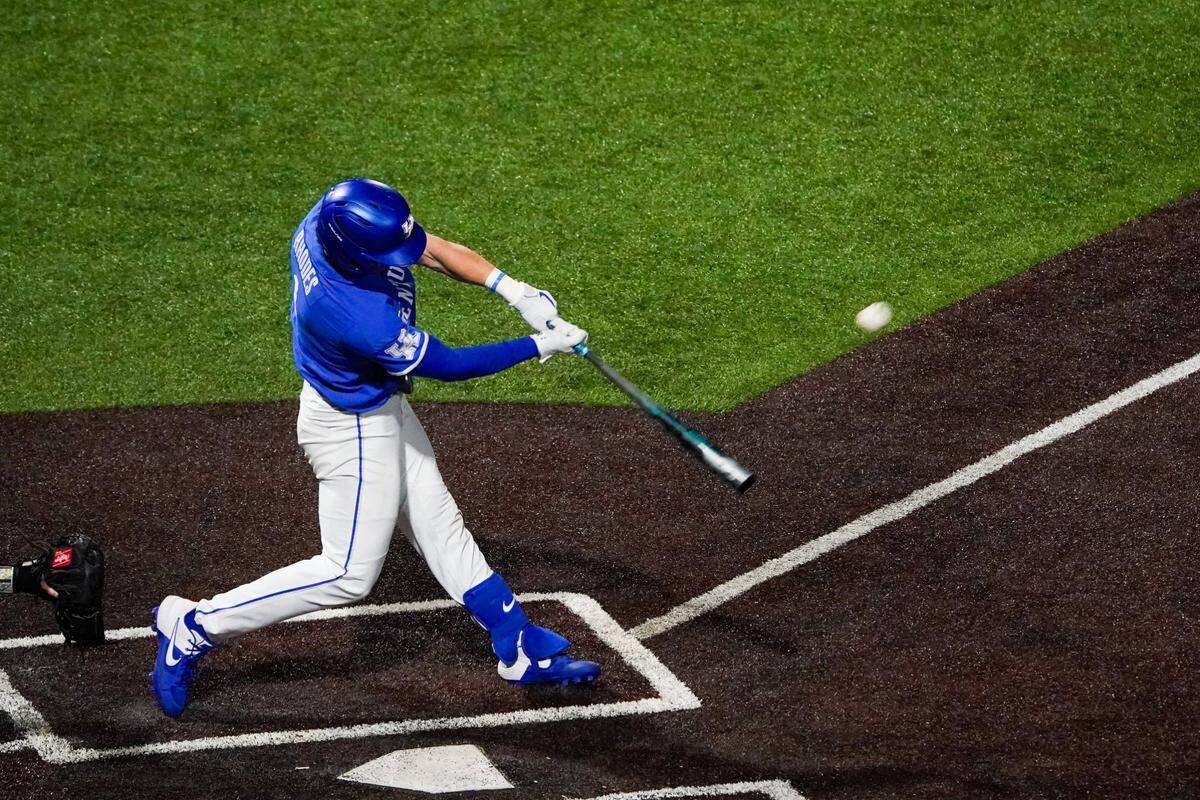 UK freshman John Rhodes connected for a hit during the Wildcats’ 9-4 win over Southeast Missouri at Kentucky Proud Park last February. Rhodes was named national co-freshman of the year and a Third Team All-American following his first season with the program.
