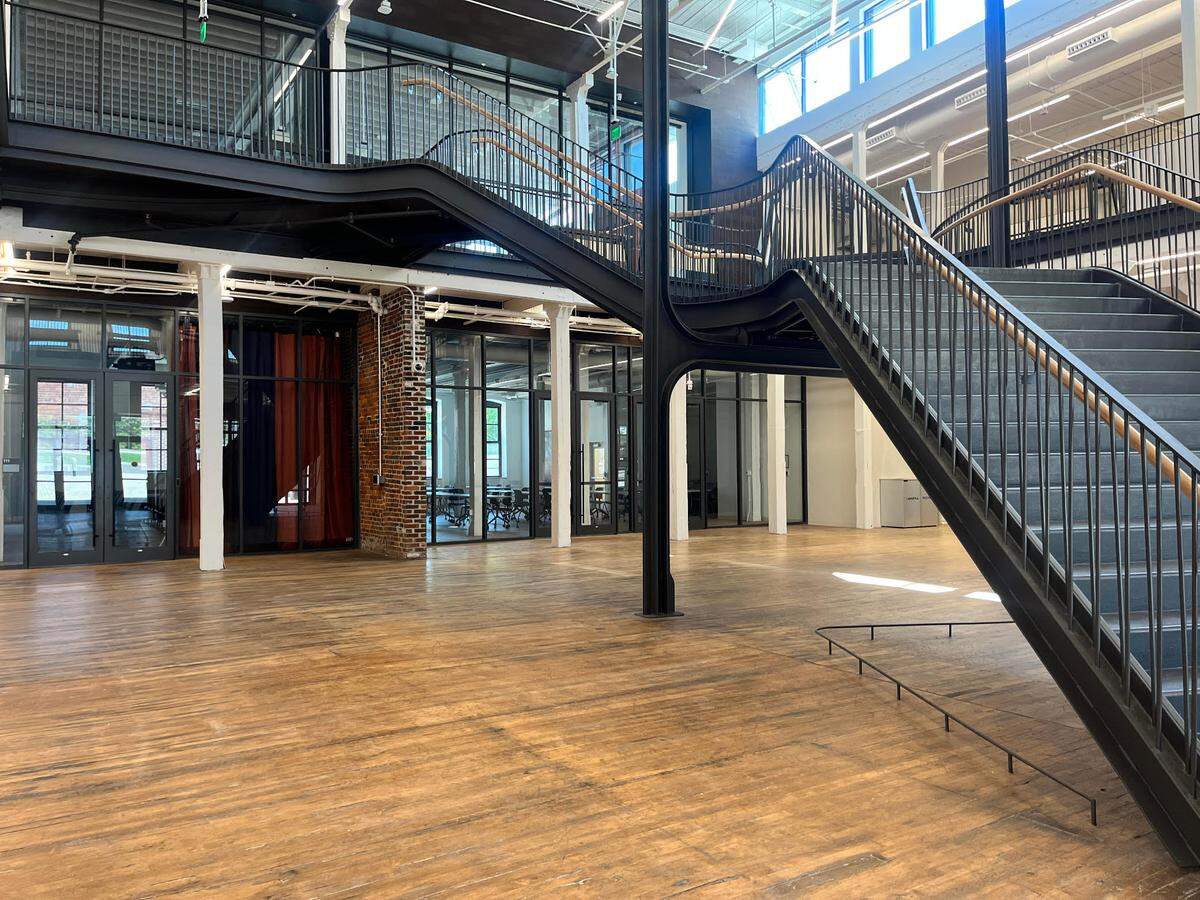 The entrance of the Gray Design Building features steel stairs leading to the second floor. The stairs were made in Northern Kentucky and weigh 30,000 pounds.