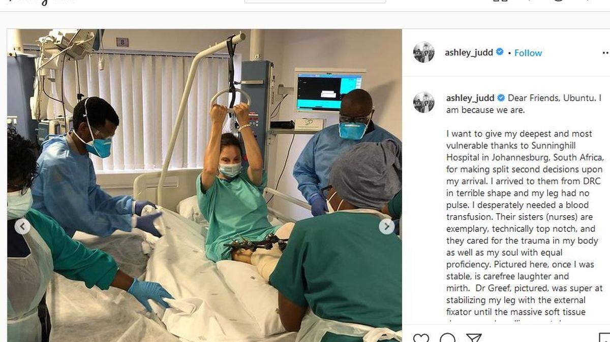 Ashley Judd shared a photo of herself on Instagram at a hospital where she was treated after a fall that severely injured her leg in the Democratic Republic of the Congo. Before traveling to a hospital in the United States, she said she was treated at Sunninghill Hospital in Johannesburg, South Africa.